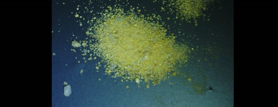 Dieses Bild zeigt ein gelb-oranges Pulver mit Kristallen darin.